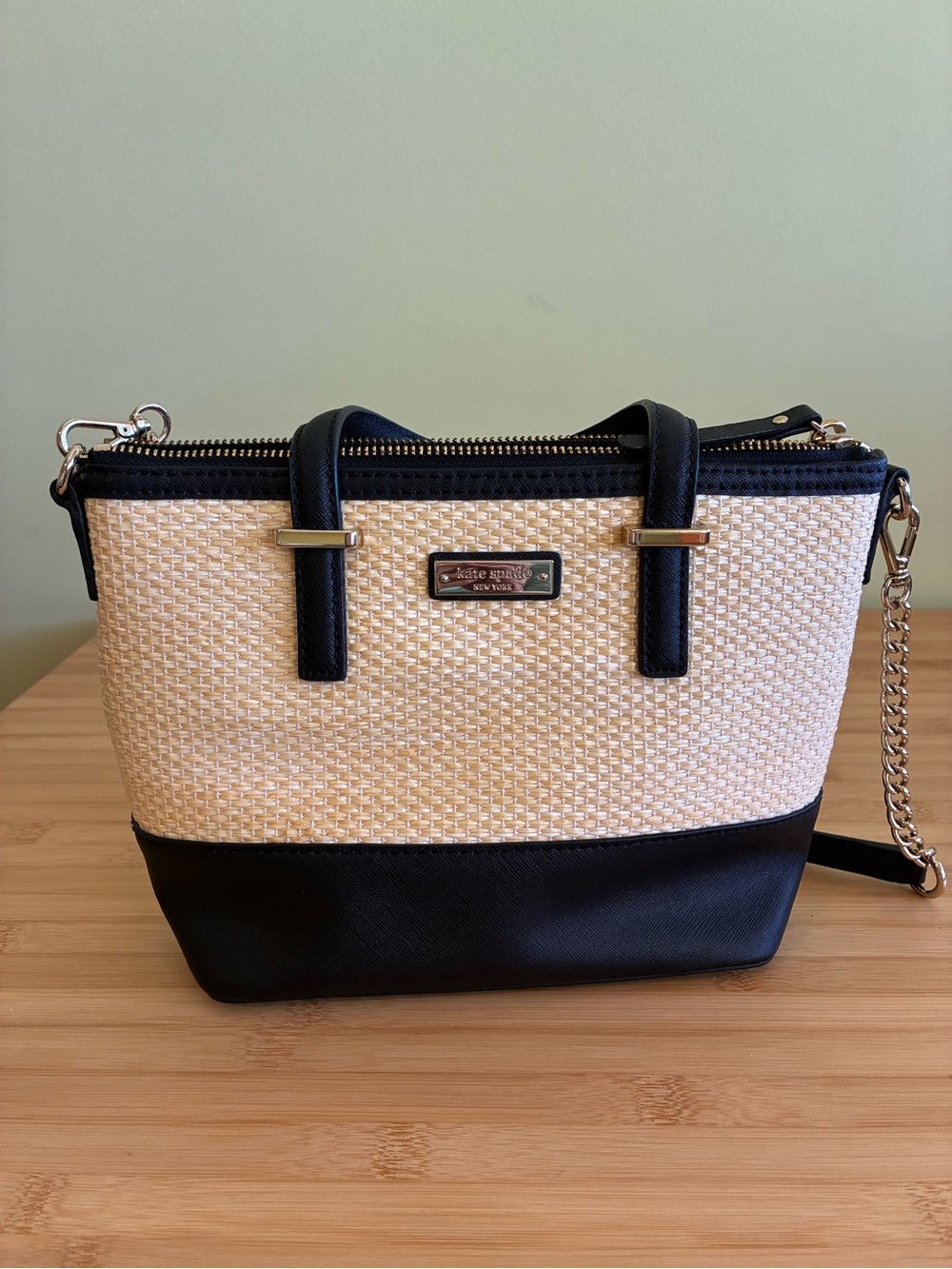 Kate Spade Black and Natural Woven Crossbody Bag